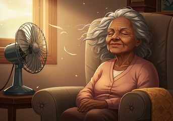 Elderly woman relaxing in an armchair feeling the cool air from a fan. Senior enjoying relief from summer heat and hot weather. Home cooling comfort.