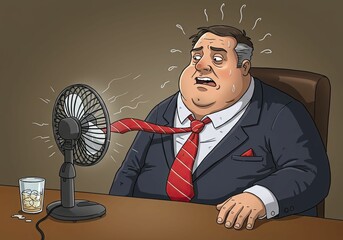 Man sweating profusely from heat, trying to cool down with a small desk fan. Hot weather discomfort. Business environment extreme temperature concept.