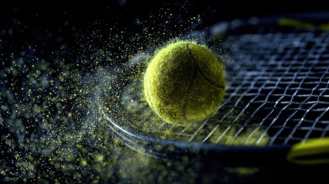 Tennis ball hitting racket, dust particles