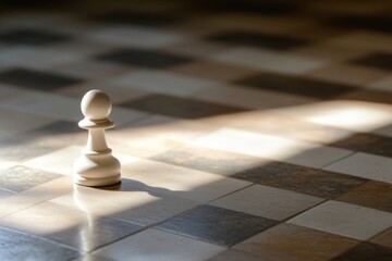 A single white pawn chess piece standing on a checkered board in soft light and shadow play