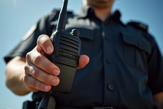 Security Guard's Hand Holding Walkie-Talkie with Sunlight Casting Shadows on Textured Surface