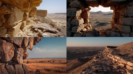 Four desert landscapes, featuring rock formations, vistas, and ancient ruins