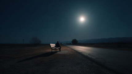 Lonely Figure Moonlit Roadside Bench.