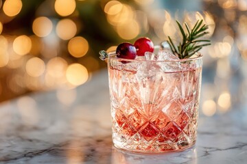 Festive cranberry cocktail in a glass with ice, rosemary, and cranberries