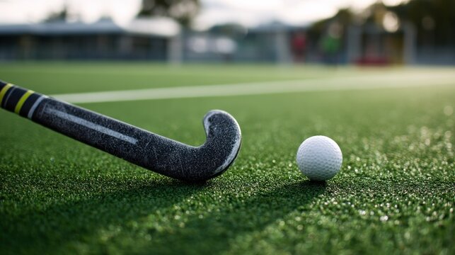 Hockey stick and ball on field