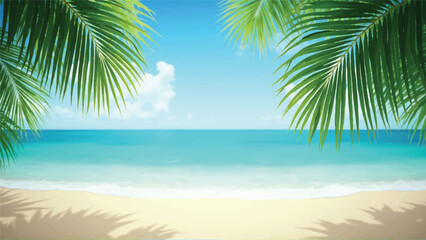 Illustration of palm trees on beach shore by sea at sunset Flowers and plants drawn with black and colored green olive ink. Simple line art illustration. Seamless pattern with abstract floral print. 