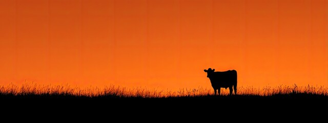 Artistic silhouette of a cow standing still against an orange sunset sky.