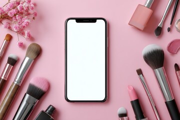 Smartphone surrounded by makeup