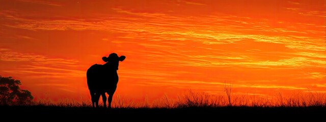 Artistic silhouette of a cow standing still against an orange sunset sky.