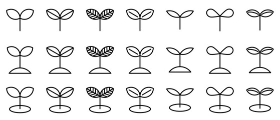 葉っぱ　双葉　線画　芽　線画　アイコン　黒　セット　ベクター