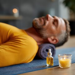 Relaxing man enjoys aromatherapy session with essential oil and candle during a calm moment at home