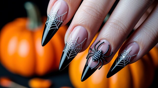 Chic Gothic Nail Art Featuring Spider Accents