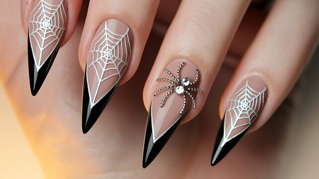 Elegant Halloween Web Nail Design with Shine