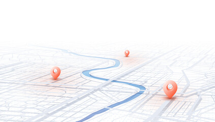 GPS navigation to pins and multiple markers on route. City map featuring directional signs, an intended goal point. Abstract plan highlights POI city streets. Vector illustration with designated route