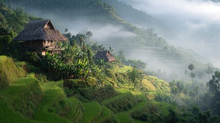 Terraced rice fields covered in morning mist and huts