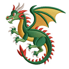 Obraz premium Green dragon with yellow wings and red accents white