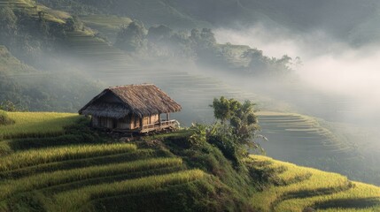 Terraced rice fields covered in morning mist and huts