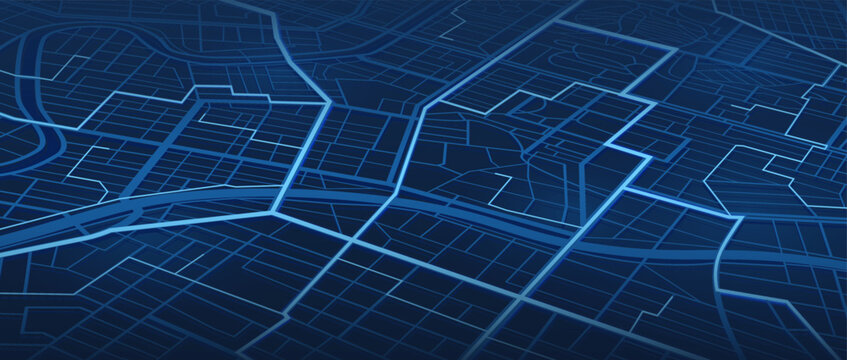 Simple isometric city plan. Abstract city map urban streets and road networks. Travel route planning and map navigation concepts. Flat vector illustration