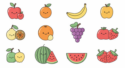 Cartoon Fruits Apples Oranges Banana Grapes Strawberries Pears and Watermelon.