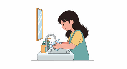 Cartoon girl washing hands with soap and water at the sink.