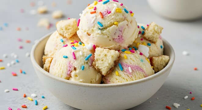 A birthday cake ice cream with sprinkles and icing chunks.