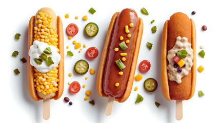 Three delicious corn dogs with unique toppings, beautifully presented and isolated on a clean white background. A creative take on a classic fairground snack—perfect for fast food menus, food styling 