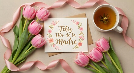 Feliz Día de la Madre Greeting Card – Flatlay with Flowers and Tea