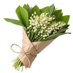 Obraz premium A beautiful bouquet of lily of the valley flowers wrapped in paper, isolated on transparent background