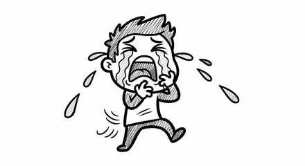 Fototapeta premium Handdrawn sketch of a crying cartoon boy distressed expression tears streaming down face hatched texture simple clothing.