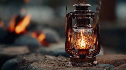 Vintage lantern near campfire