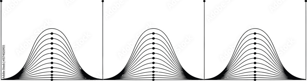 Poster abstract illustration of three wave patterns with vertical lines and dots on a light background
