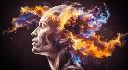 Female face with fiery storm in the mind