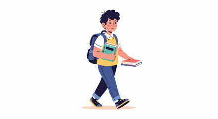 Smiling Boy Student Walking with Books and Backpack.