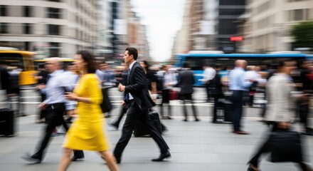 Busy urban street with blurred pedestrians in motion on a sunny day