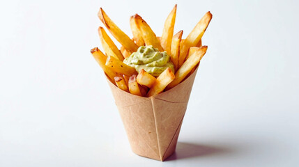Freshly fried crispy French fries served in a rustic paper cone with a creamy guacamole dip, isolated on a clean white background. Perfect for fast food branding, delivery menus, street food 