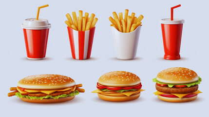 Set of 3D fast food icons in PNG format, isolated on transparent or white background. Includes detailed 3D illustrations of classic fast food items such as burger, fries, pizza slice, and soft drink