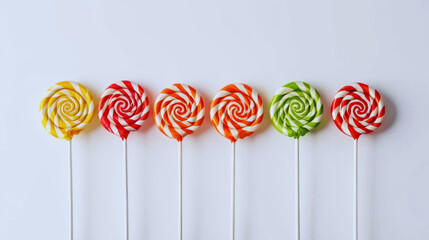 Colorful lollipops arranged in a neat row on a clean white background. Bright and cheerful candy display perfect for sweet shop branding, product packaging, party invitations, and children’s treat 