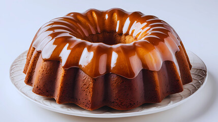 Isolated Bundt cake on a clean white background, beautifully presented with detailed ridges and golden brown texture. Perfect for bakery advertisements, dessert menus, food packaging, recipe blogs