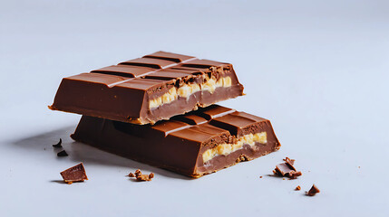 Two halves of a crispy chocolate bar broken cleanly and beautifully presented on a white background. Rich milk chocolate with crunchy layers, ideal for dessert visuals, candy branding