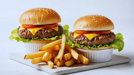 Two classic cheeseburgers stacked with lettuce, tomato, onions, melted cheese, and juicy beef patties in sesame seed buns, served with crispy golden French fries in a white container. 