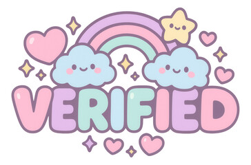 Pastel-colored bubble sticker with VERIFIED in cute kawaii style, playful promo offer on transparent background.