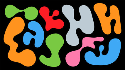 Colorful organic shapes create a playful abstract composition on a black background