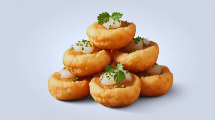 AI-generated image of Golgappa (also known as Pani Puri), the popular Indian street food, isolated on a white background in PNG format. Crisp puris filled with spiced potato, tangy water, and chutney