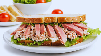 Fresh tuna sandwich with lettuce and whole grain bread, isolated on a clean white background. Healthy and delicious lunch option ideal for food packaging, menus, recipe blogs, and nutrition-focused 