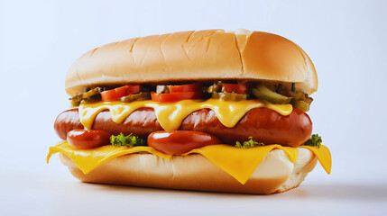 Gourmet-style grilled hot dog with melted cheese, fresh vegetables, and stacked layers, resembling a double cheeseburger. Isolated on a white background. Perfect for fast food menus, food delivery ads