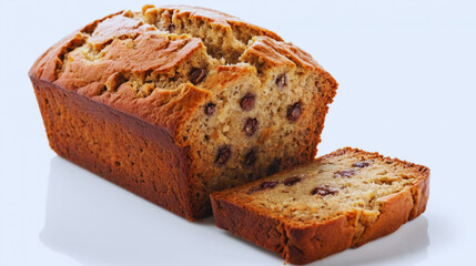 Delicious homemade banana bread loaf isolated on a clean white background. Moist and sweet with a golden crust—perfect for bakery menus, food packaging, recipe blogs, and breakfast-themed visuals.