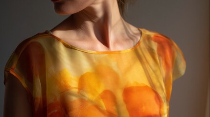Womans orange yellow design top closeup