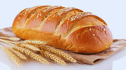 "Tasty, well-baked artisan bread resting on parchment paper with golden wheat stalks beside it. Rustic and wholesome bakery scene perfect for recipe blogs, organic product packaging, farm-to-table 