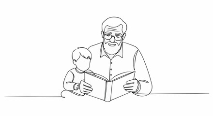 A touching scene of a grandfather reading a book with his grandson. A tender moment between generations.