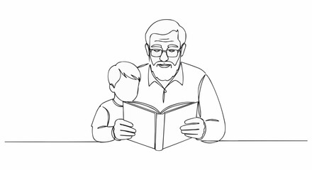 An elderly person is reading a book with a young boy.
